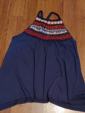 Almost Famous Navy Crochet Yoke Halter Tank Top Sz 1X